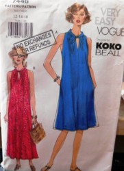 7446 Vogue Very Easy Koko Beall Sleeveless Flare Tied Collar Dress Lengths Pattern 12-16